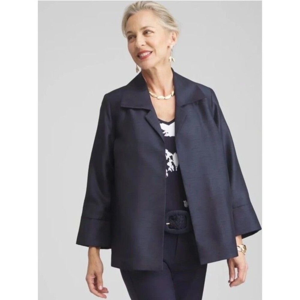 Chico's Navy Satin Shantung Topper Jacket Size 2 Large NWT Open Front Blazer